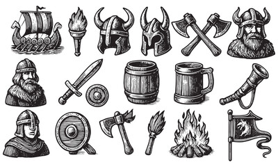 Viking Warrior Icons Set with Ships, Weapons, and Norse Symbols Design