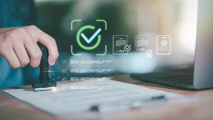 Business concept of certified document approval with audit control, checklist confirmation,...