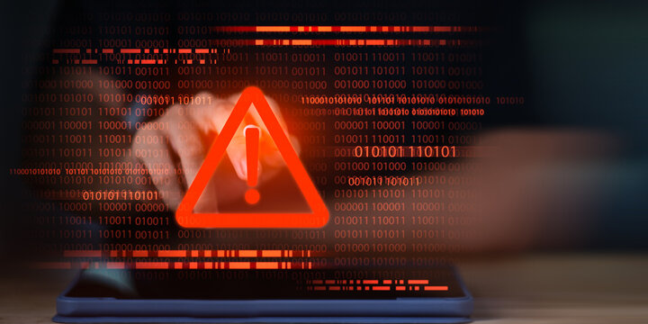 Red warning exclamation icon over binary code background, symbolizing cyber attack alert, system error, malware threat, hacking breach, data protection, online security risk, firewall defense
