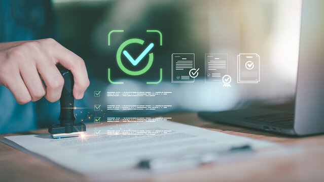 Business concept of certified document approval with audit control, checklist confirmation, signature verification, performance validation representing trusted, authorized, secure compliance processes
