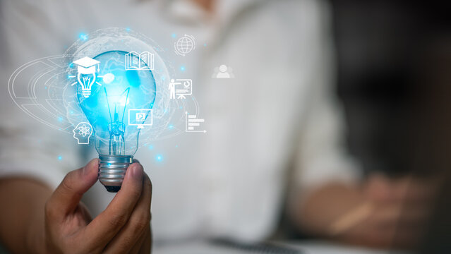 glowing light bulb with education and learning icons, symbolizing online study, e-learning, innovation, university, knowledge, digital training, classroom development, research, achievement, success.