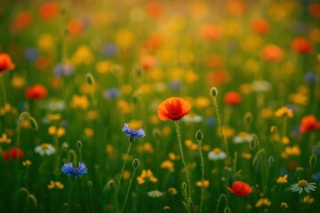 Fototapeta premium Sunlit wildflower meadow in peak spring bloom bees and grasses waving in warm breeze