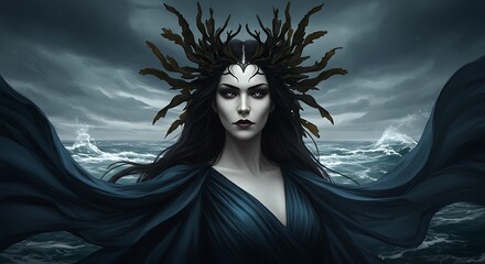 Mysterious woman with dramatic headdress poses against stormy seascape