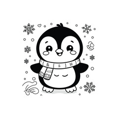 Cute penguin character with winter elements and snowflakes