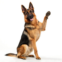 A german shepherd dog sitting with its paw raised on a white background in a studio setting