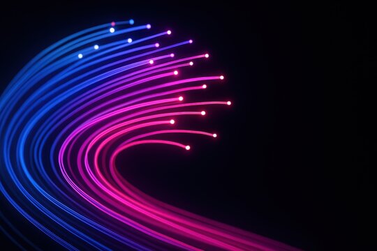 Glowing data cables weaving lines of light on dark background fast information flow