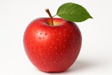 Crisp red apple with stem and leaf isolated on clean white background studio
