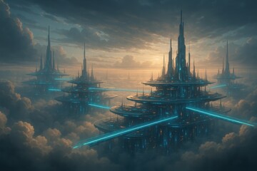 Futuristic city floating above clouds with luminous skybridges and neon circuitry glow