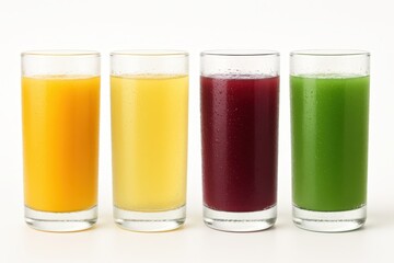 Assorted fresh fruit juices in clear glasses isolated on white with vibrant colors