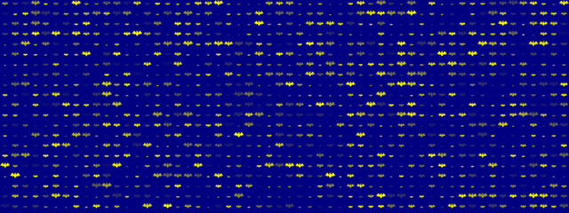 Abstract seamless pattern of flying yellow and grey bat silhouettes on a dark blue background, perfect for Halloween or nocturnal themes.
