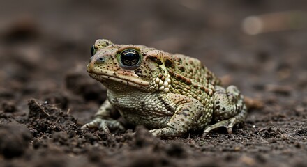 Close up of a textured toad on dark earth with detailed skin