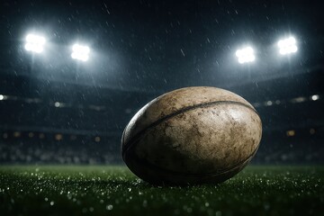 Rugby ball on wet stadium turf under dramatic night spotlights with rain mist