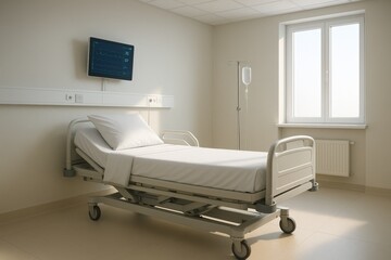Bright modern hospital room interior with bed monitors and large window calm