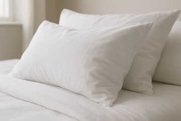 Crisp white bed pillows neatly arranged in contemporary bedroom soft daylight detail