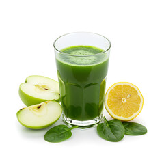 Fototapeta premium Glass of green detox juice with apple, lemon and spinach leaves isolated on white background, healthy drink concept