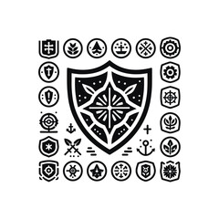 Decorative shield designs with symbols and motifs