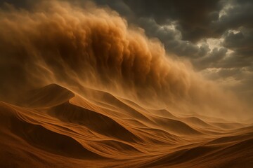 Towering desert sandstorm rolling across dunes under moody sky atmospheric digital art