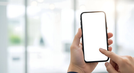 Hand holding modern smartphone with blank screen, perfect for app promotion