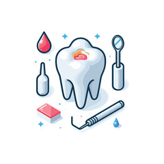 Dental tools and a decayed tooth with treatment items