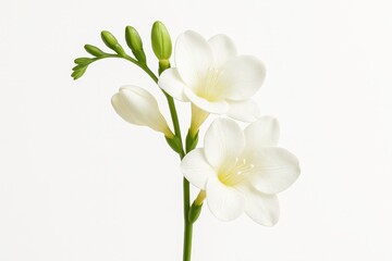 Fototapeta premium Elegant freesia stem with delicate blossoms isolated on a pure white background