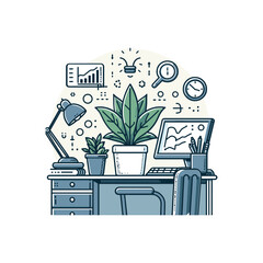 Desk setup with plants, charts, and clock in office