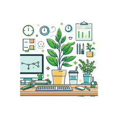 Desk with plants, charts, and productivity tools