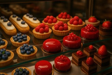 Assorted berry pastries on glass display eclairs tartlets and cakes bakery