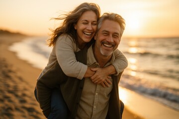Laughing senior couple piggyback on sandy beach at golden hour carefree joy
