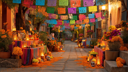 Fototapeta premium Dia de los muertos street celebration with colorful decorations and sugar skulls mexico