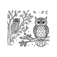 Detailed illustration of owls perched on branches