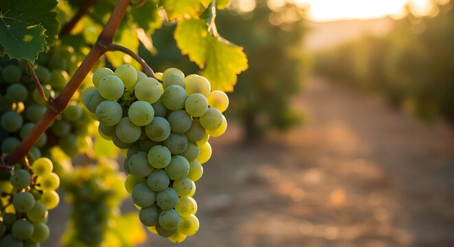 Ripe green grapes growing on vine in vineyard during golden hour - Powered by Adobe