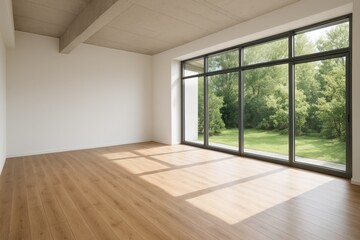 Obraz premium Sunlit modern loft interior with wooden floor and large garden facing windows
