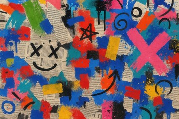 Colorful collage background of torn paper newsprint and graffiti textures distressed