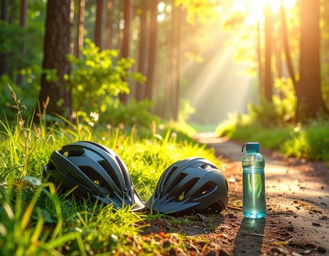 Bicycle helmets and water bottle on a forest path in the sunlight - Powered by Adobe