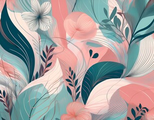 a soothing pastel wallpaper featuring abstract shapes in soft pink teal and white tones layered with delicate botanical line art and subtle patterns creating a harmonious and modern design