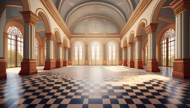 grand empty hall of an old palace with checkered tile floor and arches historic architecture interior background