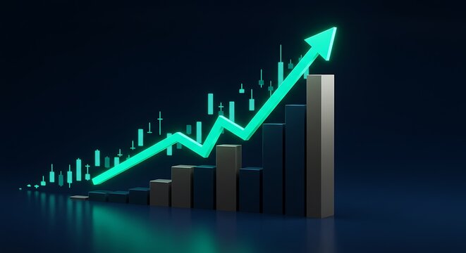 Rising chart growth and success concept with upward arrow on dark background - Powered by Adobe