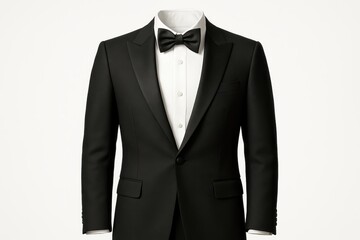 Classic black tuxedo on invisible mannequin isolated on white with crisp studio lighting
