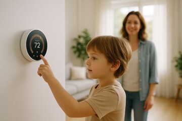 Smiling child adjusts smart thermostat in bright home with parent in background
