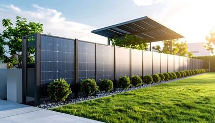 Modern solar fence in a landscaped garden