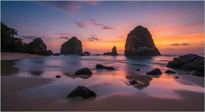 Ancient Granite Sea Stacks at Sunrise Alif Stone Park Natuna Indonesia

