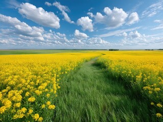 Vibrant Field of Yellow Mustard Flowers Under a Blue Sky with Puffy Clouds