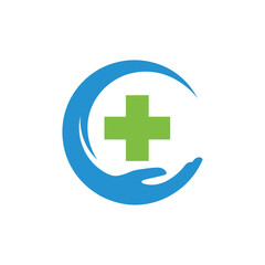 Obraz premium Vector art of blue hand cradling a green medical cross, representing healthcare, support, and protection