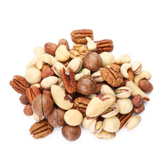 Mix of different nuts isolated on white, top view