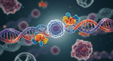 Illustration of dna helix with protein molecules and cells background
