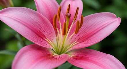Fototapeta premium Close up of a vibrant pink lily flower in full bloom with detailed petals