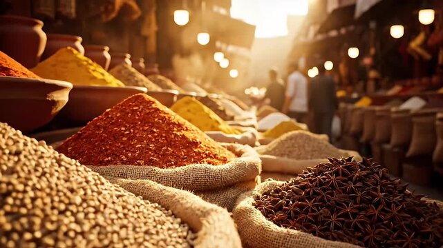 aromatic spices in burlap sacks at a traditional market