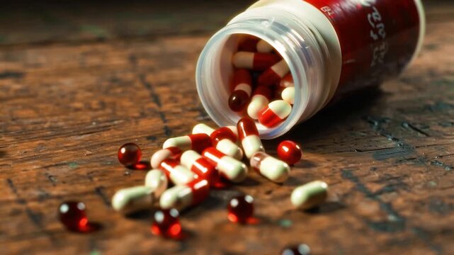 a close up of a bottle of red and white capsules with no cap on top of it