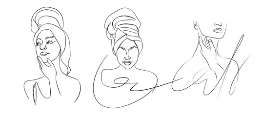 Line art portraits of women on white background, set