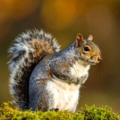 Fototapeta premium Grey squirrel on mossy outcrop